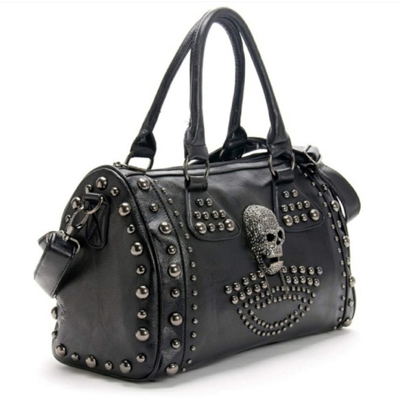 New Skull Handbag  Skull Studded Black PU Leather Crossbody Bag Black Tote Bag - Picture 1 of 7